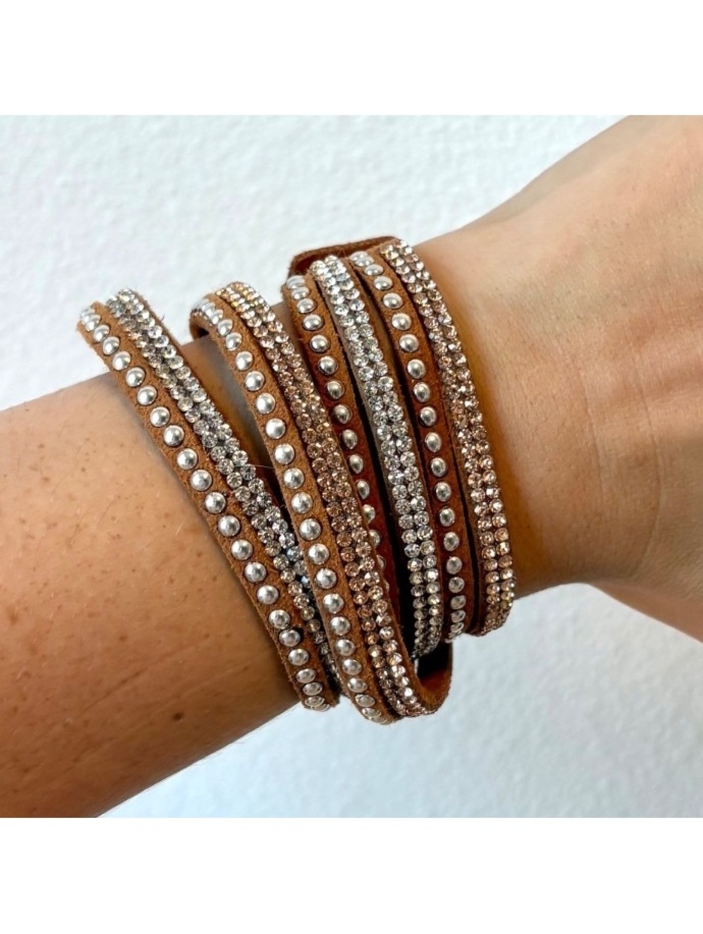 Boho Brown Faux Suede Wrap Bracelet Cowgirl Rodeo Rhinestone Studded Western